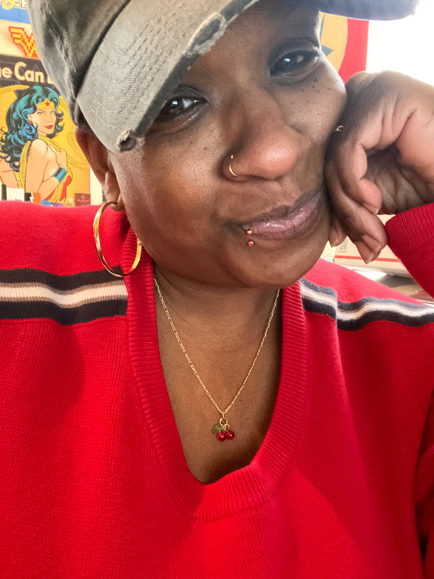 18” gold necklace with cherry charm handmade