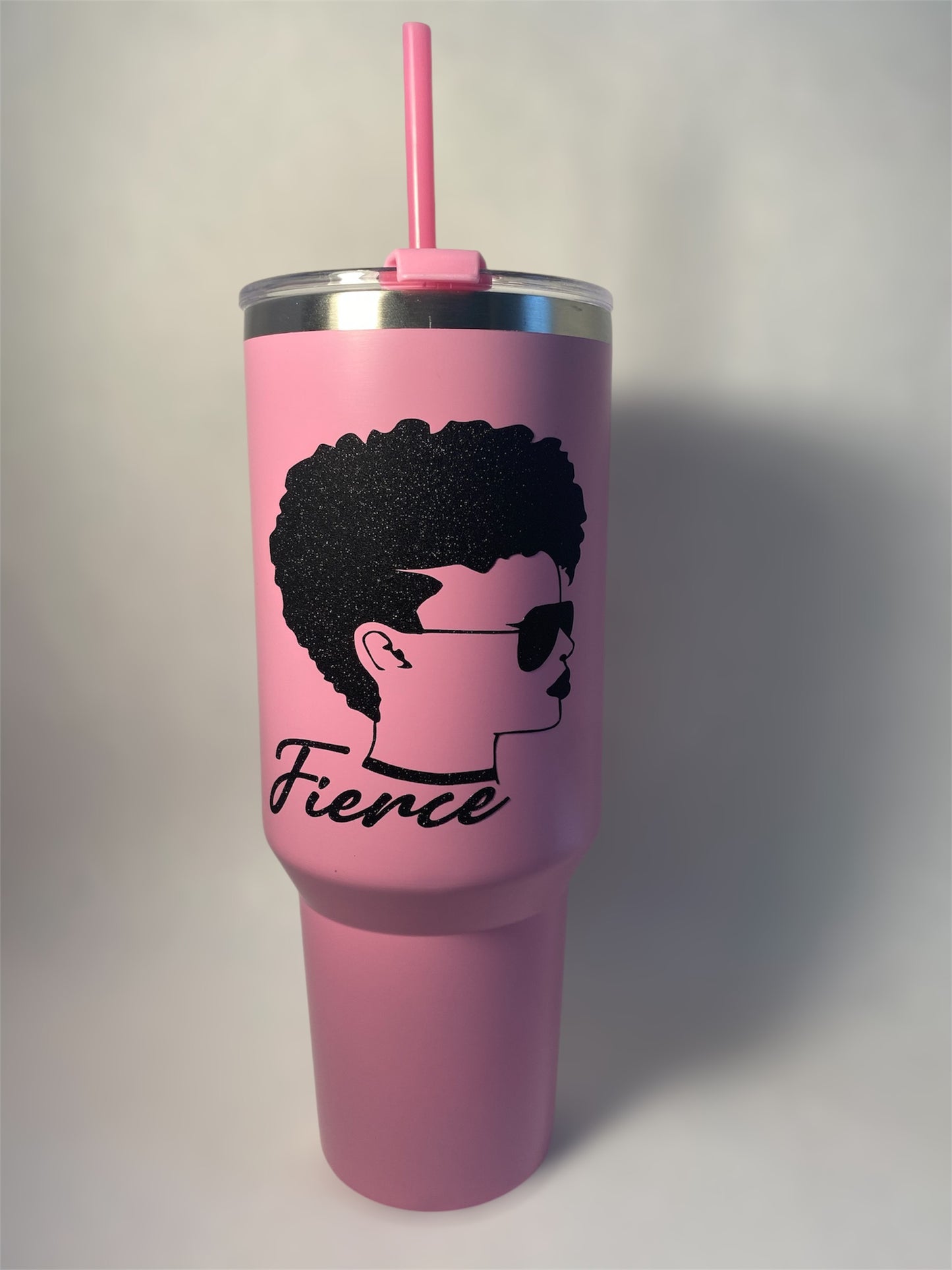 “Firece" 40 fl oz stainless steel tumbler with straw, hot pink