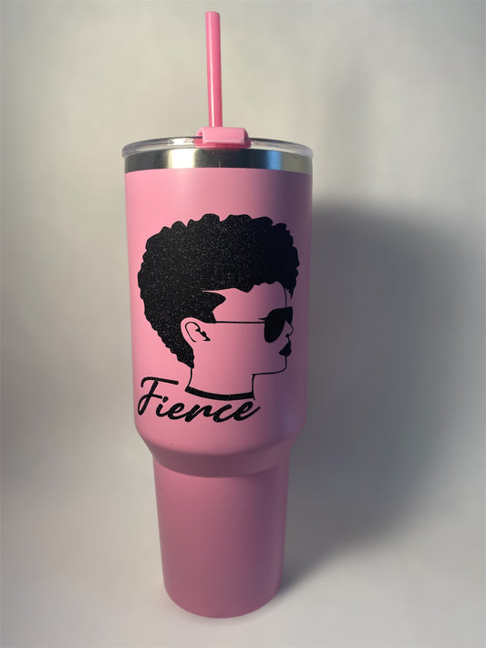 “Firece" 40 fl oz stainless steel tumbler with straw, hot pink