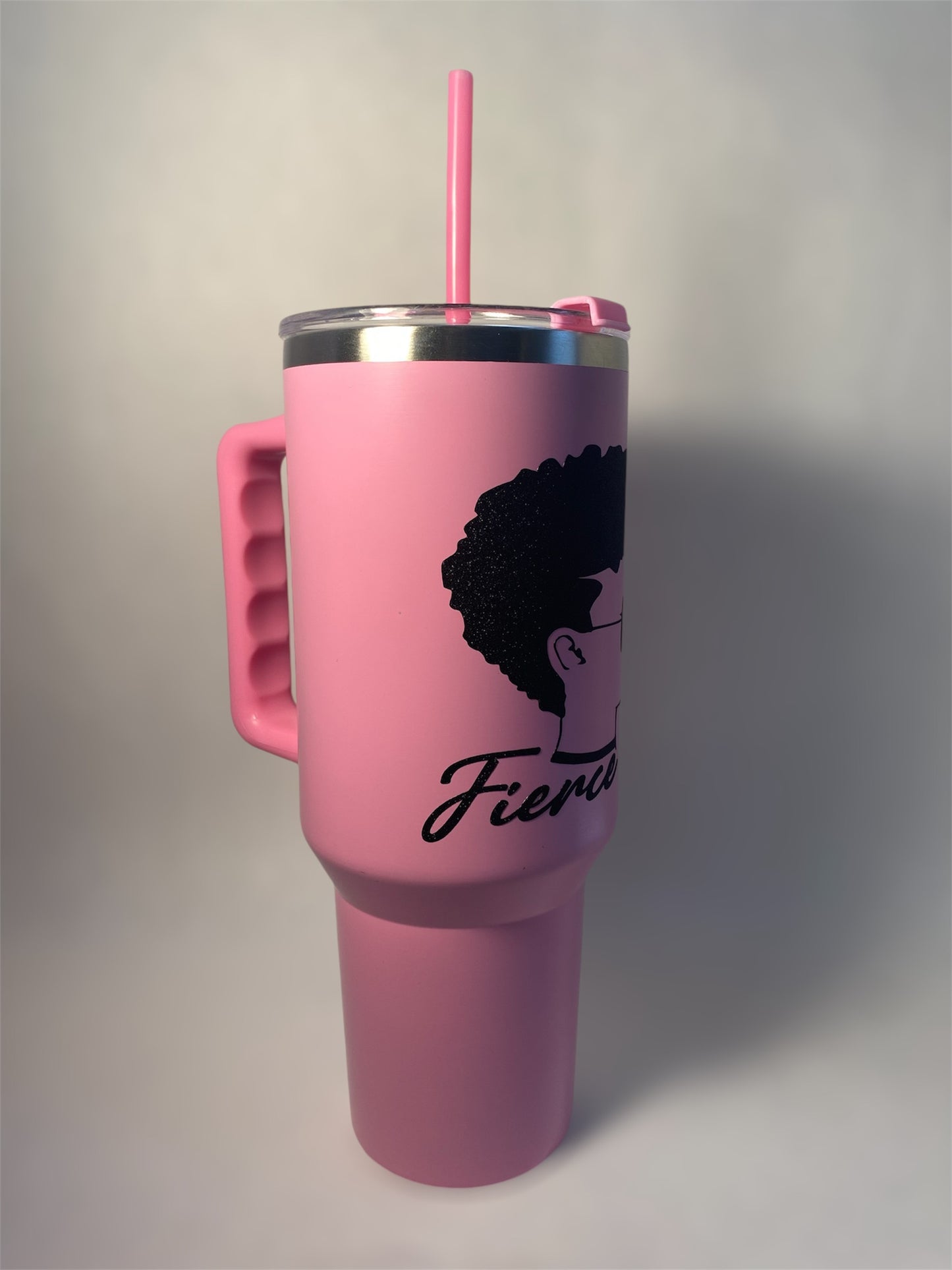 “Firece" 40 fl oz stainless steel tumbler with straw, hot pink