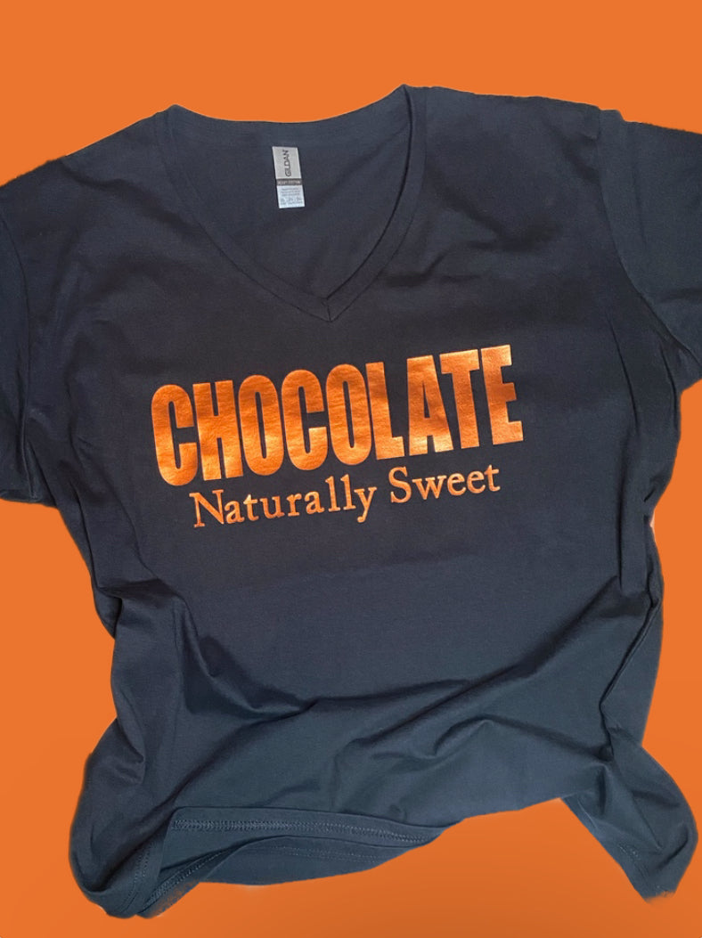 "Chocolate Naturally Sweet" copper vinyl V-neck short sleeve t-shirt in women 2XL