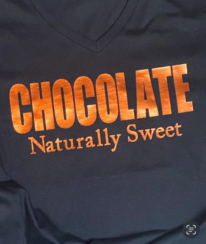 "Chocolate Naturally Sweet" copper vinyl V-neck short sleeve t-shirt in women 2XL