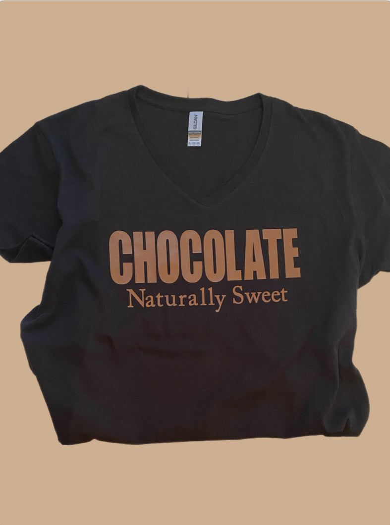 "Chocolate Naturally Sweet" brown vinyl V-neck short sleeve t-shirt in women 2XL