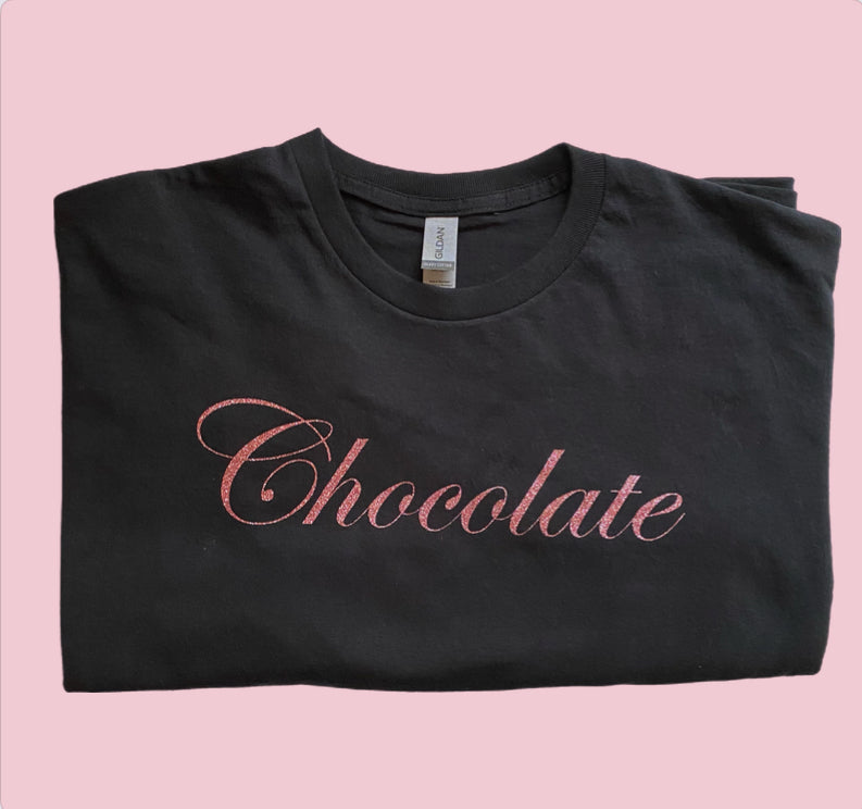 "Chocolate" with rose gold glitter vinyl short sleeve t-shirt 2XL