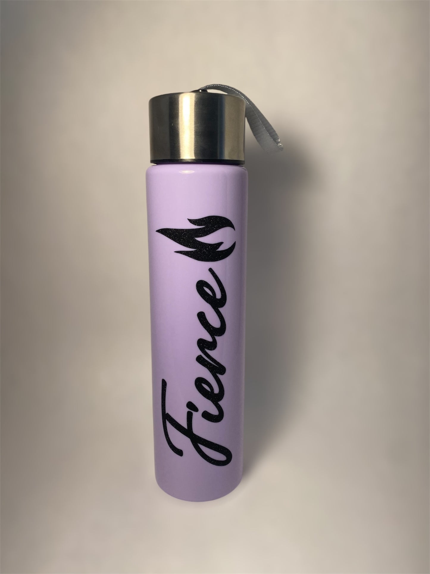 "Fierce" 18 oz water bottle, black glitter vinyl