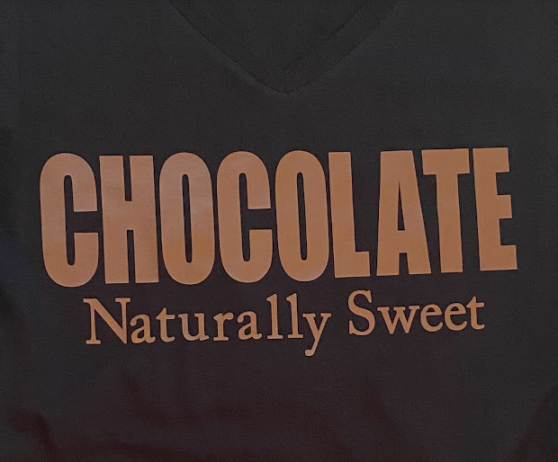 "Chocolate Naturally Sweet" brown vinyl V-neck short sleeve t-shirt in women 2XL